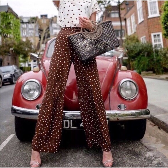 Linen Blend Wide Leg Zara Pants Brown White Polka-dot FLAWED XS - Picture 1 of 13